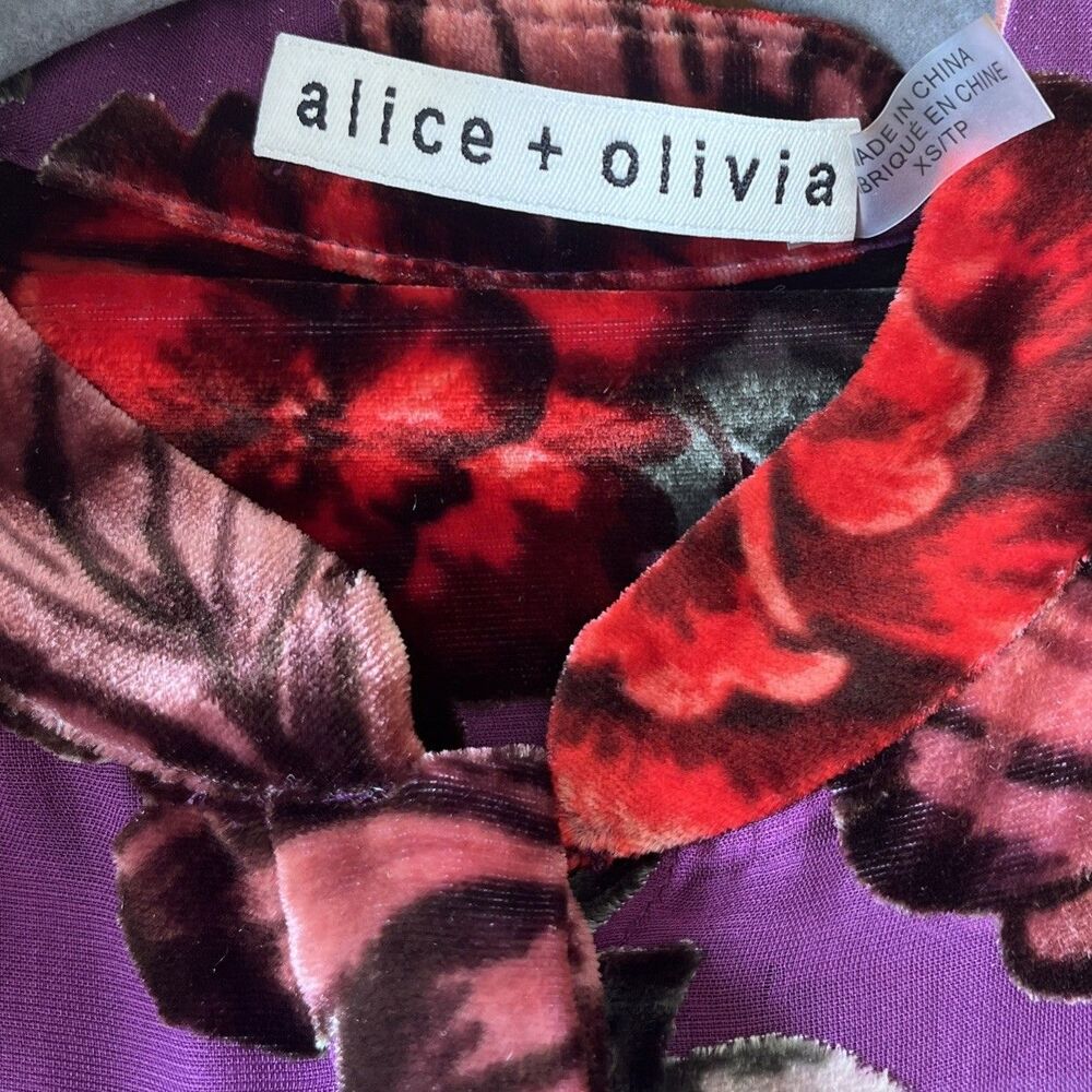 Alice + Olivia Velvet Burnout Floral Sheer Blouse Size XS Roll Tab Sleeve - Picture 7 of 8